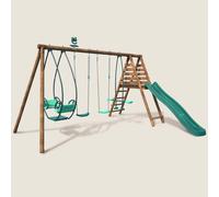 Portique en bois rond 4 agrès avec face à face et toboggan JACINTHE