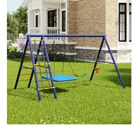 Portique Enfant Métal Multi-Activités avec 3 Balançoires, Filet d'Escalade et Panier de Basket, Aire de Jeux Extérieure 3-8 Ans