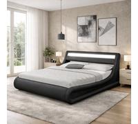 Concept Usine - Lit double Portland - Simili noir, LED multi-couleurs, coffre - 140 x 190 cm