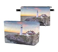 Portland, Maine, USA at Portland Head Light in the Morning Women Cosmetic Storage Handbag Case Portable Coin Purse Purse Makeup Bag Toiletry Handbag Organizer, Large Ladies Pouch Holder L