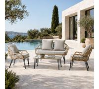 CONCEPT USINE | Salon de Jardin Porto 4 Places Acier Noir Effet Rotin Naturel avec Table Basse | Mobilier Jardin Terrasse Piscine | Résistance Soleil & Intempéries | Premium Design Convivial