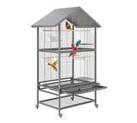 PortoAlegre Grande cage à oiseaux, perroquet, en forme de toit en métal, avec 4 roulettes silencieuses verrouillables, plateau amovible et mangeoire, facile à nettoyer, 80 x 60 x 167 cm