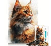 Portrait Aquarelle d'un Chat Roux Puzzle de 1000 pièces Activité ludique et stimulante pour renforcer Les Liens familiaux Emboîtement Parfait sans espaces (50x75cm)