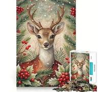 Portrait de cerf à l'aquarelle avec Feuillage d'hiver Puzzle de 1000 pièces Jeu de réflexion Stimulant Découpe Experte Artisanat Fascinant pour Les Moments de détente (38x26cm)