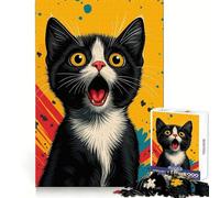 Portrait de Chat Noir et Blanc surpris Puzzle de 1000 pièces pour Adultes Jeu de logique Pure Moments paisibles Découpe Nette Cadeau touchant 38x26cm