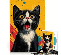 Portrait de Chat Noir et Blanc surpris Puzzle de 1000 pièces pour Adultes Jeu de réflexion Loisirs d'intérieur Bords précis Objet de Collection 50x75cm