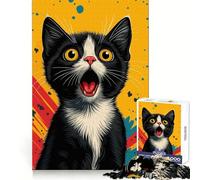 Portrait de Chat Noir et Blanc surpris Puzzle de 1000 pièces pour Adultes Jeu de réflexion Loisirs d'intérieur Bords précis Objet de Collection 50x75cm