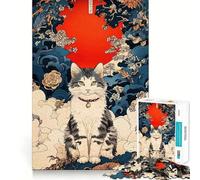 Portrait de Chat Ukiyo-e avec Soleil Rouge Puzzle de 1000 pièces pour Adolescents Jeu Stimulant Le Cerveau Emboîtement précis sans espaces Activité relaxante en Groupe à l'intérieur (50x75cm)