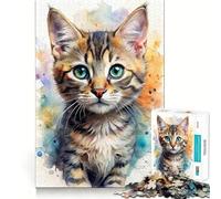 Portrait de Chaton à l'aquarelle Puzzle de 1000 pièces Jeu de réflexion Découpe de Haute précision Défi Amusant pour Passer Le Temps (38x52cm)