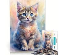 Portrait de Chaton à l'aquarelle Puzzle de 1000 pièces pour Adultes Jeu de réflexion Découpe Nette,alignement Parfait Activité Amusante en Famille Soirée Jeux Nocturne (50x75cm)