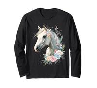 Portrait de Cheval Blanc avec Fleurs Élégantes - Art Abstrai Manche Longue