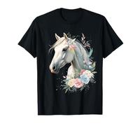 Portrait de Cheval Blanc avec Fleurs Élégantes - Art Abstrai T-Shirt