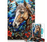 Portrait de Cheval en vitrail avec Fleurs Puzzle Adulte 1000 pièces Jeu d'exercice Mental Atelier de Construction Cadeau de Noël 38x52cm