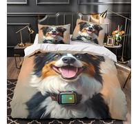 Portrait de chien heureux 3D Imprimé Housse de couette 3 pièces Microfibre éclair caché Illustration artistique d'animaux Drap de couette 2 taies entretien facile famille invités Single (135x200cm)