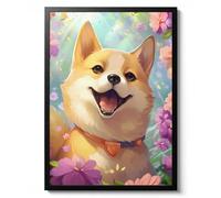 Portrait de dessin animé Shiba Inu, art mural de chien de style animé, imprimé Shiba Inu mignon et amusant, poster floral animal, cadeau de décoration d'intérieur, archivage mat, A4 (encadré) - 29,7 x