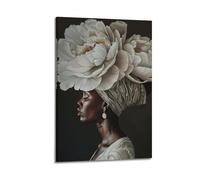 Portrait de femme africaine avec coiffe florale blanche fille noire art mural femme noire couronne de fleurs peinture à l'huile moderne art mural sur toile peinture décorative sur toile murale et
