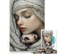 Portrait de Femme avec Furet Puzzle de 1000 pièces pour Adultes Jeu de Concentration Découpe Laser de qualité supérieure Activité familiale Amusante en soirée (50x75cm)