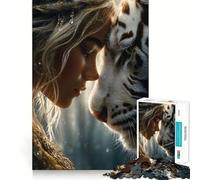 Portrait de Femme et de Tigre Blanc Puzzle de 1000 pièces Jeu de réflexion et d'exercice Emboîtement précis sans espaces Défi cérébral interactif pour la Maison (38x26cm)