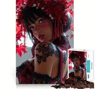 Portrait de Femme la Couronne de Fleurs Rouges Puzzle de 1000 pièces pour Adultes Jeu de logique mentale Découpe Ferme Cadeau de Noël (50x75cm)