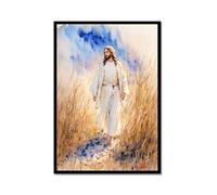 Portrait de Jésus à l'aquarelle - Dieu chrétien - Impression sur toile pour salon - Décoration d'intérieur (SKU4, 30 x 40 cm, cadre en métal noir)