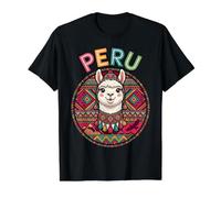 Portrait de Lama Mignon du Pérou avec Style d'art Populaire andin coloré T-Shirt Graphique avec Valeur, Homme, Noir, L