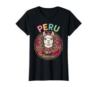 Portrait de Lama Mignon du Pérou avec Style d'art Populaire andin coloré T-Shirt Graphique avec Valeur, Femme, Noir, XS