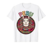 Portrait de Lama Mignon du Pérou avec Style d'art Populaire andin coloré T-Shirt Graphique avec Valeur, Homme, Blanc, S