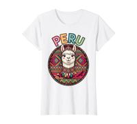Portrait de Lama Mignon du Pérou avec Style d'art Populaire andin coloré T-Shirt Graphique avec Valeur, Femme, Blanc, L