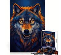 Portrait de Loup au Regard Fixe, Fourrure Bleue et Orange Puzzle Difficile de 1000 pièces pour Adultes Jeu Intelligent et Amusant Découpe précise Cadeau Artistique 50x75cm