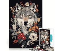 Portrait de Loup avec Arrangement Floral Puzzle de 1000 pièces pour Adultes Jeu de Concentration mentale Découpe de Haute précision Activité Manuelle à Partager en Famille ou Entre Amis (50x75cm)