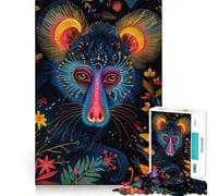 Portrait de Mandrill néon avec Accents Floraux Puzzle pour Adolescents de 1000 pièces Jouet Intelligent pour Jouer à l'intérieur Bords Lisses Collection d'art (38x26cm)