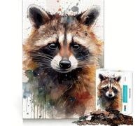 Portrait de Raton Laveur à l'aquarelle Puzzle de 1000 pièces Jeu de réflexion Découpe de Haute précision Défi Amusant pour Passer Le Temps (50x75cm)