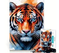 Portrait de Tigre à l'aquarelle avec détails géométriques Puzzle de 1000 pièces Jeu de réflexion Découpe de Haute précision Défi Amusant pour Passer Le Temps (38x26cm)