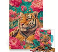 Portrait de Tigre entouré de Fleurs Roses Puzzle Adulte 1000 pièces Jeu de logique et de réflexion Découpe précise Collection d'œuvres d'art 50x75cm