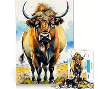 Portrait de Vache des Highlands à l'aquarelle Puzzle de 1000 pièces Jeu de réflexion Découpe de Haute précision Un défi Amusant pour Passer Le Temps (38x26cm)