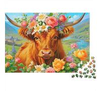 Portrait de Vache Florale 1000 Pièces Carton Robuste Puzzle De Bricolage Collecteurs Défi du Jeu Éducatif Entraînement du Cerveau Belle Décoration 70x50cm/1000pcs