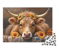 Portrait de Vache Florale Puzzle 1000 Pièces Adultes Animaux Puzzles 1000 Pièce Jeu De Team Building Cadeau 70x50cm/1000pcs