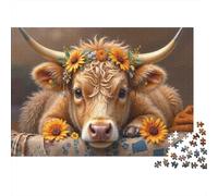 Portrait de Vache Florale, Puzzle Difficile 1000 pièces pour Adultes, Vache des Highlands, Couronne de Tournesol, clôture, Premium épais Robuste Haute qualité, Vibrant, Stimulant 52x38cm/1000pcs