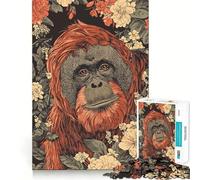 Portrait d'orang-outan sur Fond Floral Puzzle Difficile de 1000 pièces pour Adultes Jeu de mémoire et de détente Assemblage Facile Cadeau Artistique (38x26cm)