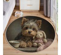 Portrait Du Yorkshire Terrier Tapis Salon Rond 100cm, Brun Poil Court Tapis Descente De Lit Chambre, Portrait D'Animal Mignon Doux Tapi De Salon Lavable Pour Chambre à Coucher Chambre D'enfant table