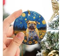 Portrait d'un Bouledogue dans Un Tournesol Décoration De Noël À Suspendre avec Ficelle Dorée Sapin Décoration D'Ornement De Noël Céramique Christmas Hanging