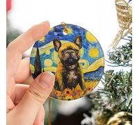 Portrait d'un Bouledogue Français dans Un Tournesol Christmas Hanging avec Ficelle Dorée Sapin Décoration D'Ornement De Noël Céramique Décoration De Noël À Suspendre