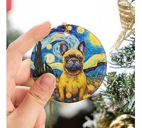 Portrait d'un Bouledogue Français dans Un Tournesol Sapin Décoration D'Ornement De Noël avec Ficelle Dorée Christmas Hanging Céramique Décoration De Noël À Suspendre