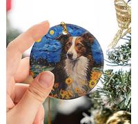 Portrait d'un Chien Border Collie Décoration De Noël À Suspendre avec Ficelle Dorée Sapin Décoration D'Ornement De Noël Céramique Christmas Hanging