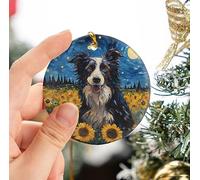 Portrait d'un Chien Border Collie Décoration De Noël À Suspendre avec Ficelle Dorée Sapin Décoration D'Ornement De Noël Céramique Christmas Hanging