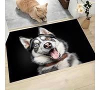 Portrait d'un Husky Paillasson Lavable pour l'intérieur - Poils Courts - Photographie Amusante - 50 x 80 cm - Antibactérien - Antidérapant pour Porte d'entrée Patio Couloir, Blanc