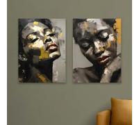 Portrait d'une femme africaine affiche moderne sexy dame art impression sur toile décoration femme noire en gris et or affiche (70 * 100X2CM/cadre)