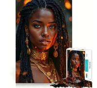 Portrait d'une Femme Noire parée de Bijoux en Or Puzzle de 1000 pièces pour Adolescents Jeu de réflexion apaisant Qualité supérieure Cadeau de Noël (38x52cm)