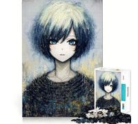 Portrait d'une Fille d'anime aux Yeux Bleus Puzzle de 1000 pièces Jeu de réflexion Stimulant Découpe Experte Artisanat Fascinant pour Les Moments de détente (50x75cm)