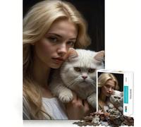 Portrait d'une Fille et de Son Chat Puzzle de 1000 pièces pour Adolescents Jeu de logique Puissant Idée Cadeau d'anniversaire Bords Nets 38x26cm